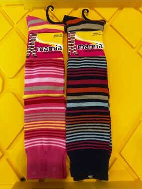 #1398 mamia Women's Striped Knee-High Socks - Pink & Multi